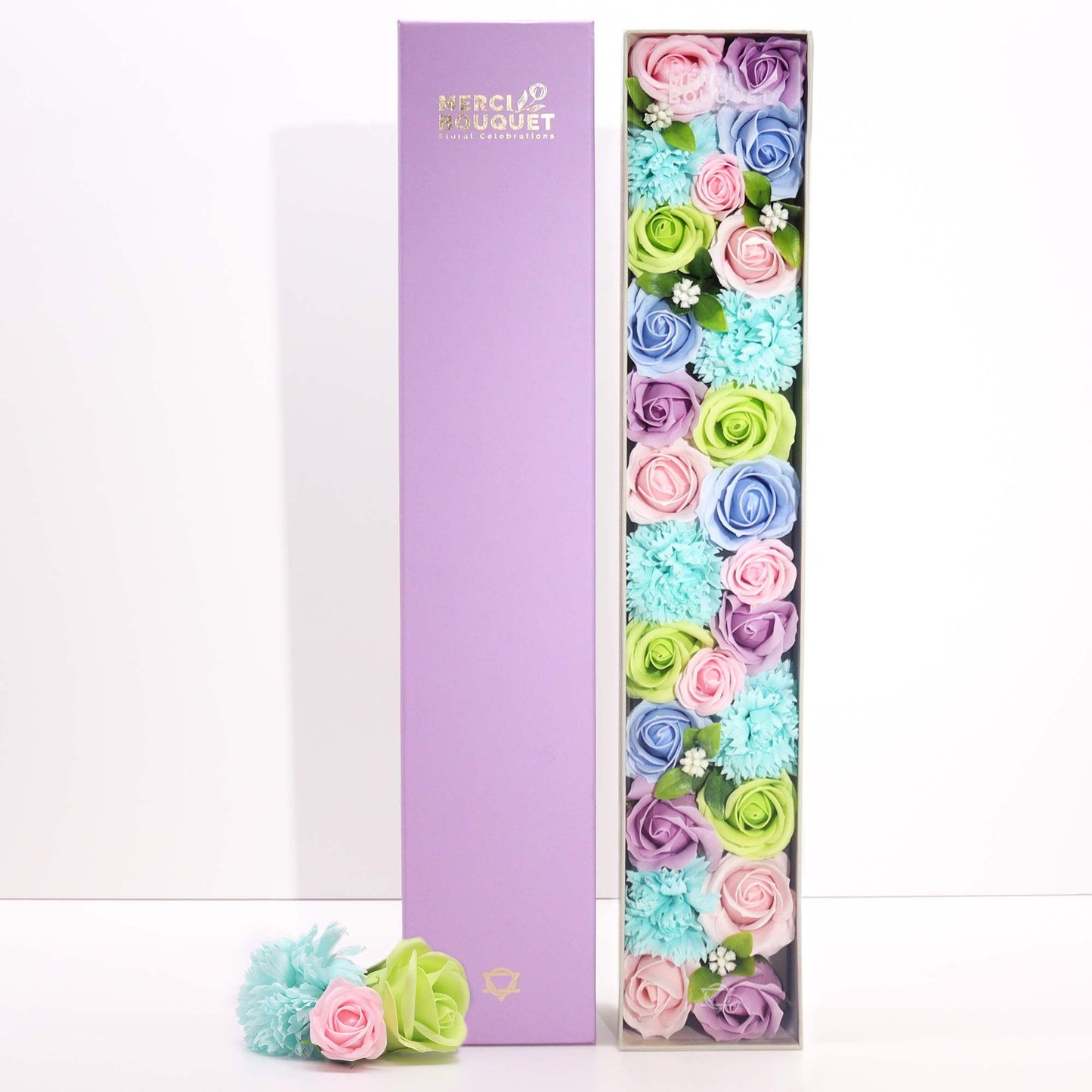 Seifenblumen-Geschenkbox – Baby Blessings Blue (Lange Box)