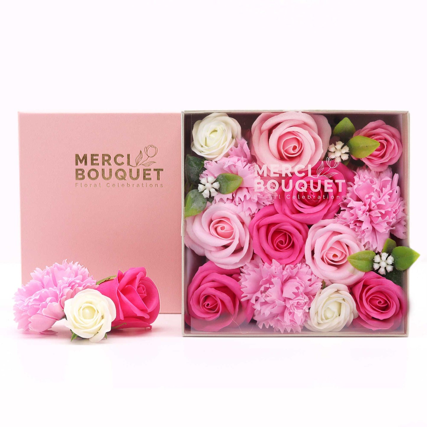 Seifenblumen-Geschenkbox – Baby Blessings Pink (Quadrat Box)