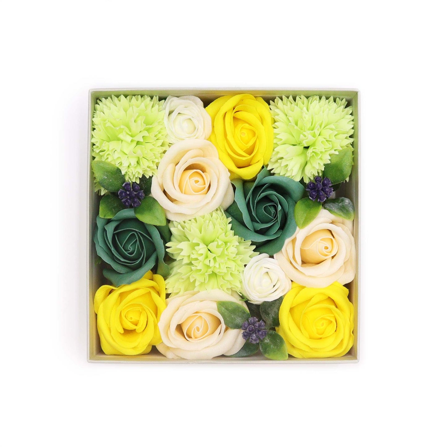 Seifenblumen-Geschenkbox – Spring Celebrations Yellow & Greens (Quadrat Box)