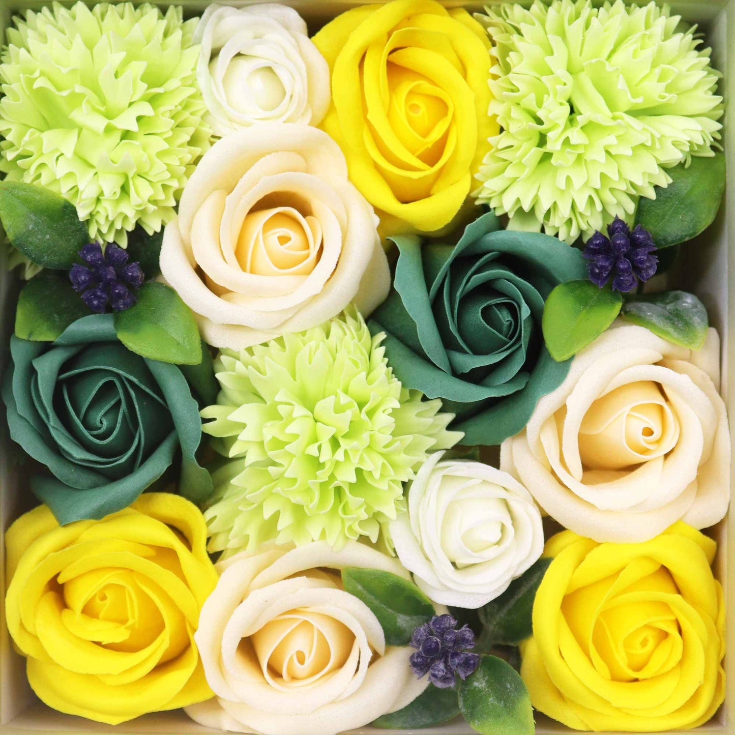 Seifenblumen-Geschenkbox – Spring Celebrations Yellow & Greens (Quadrat Box)