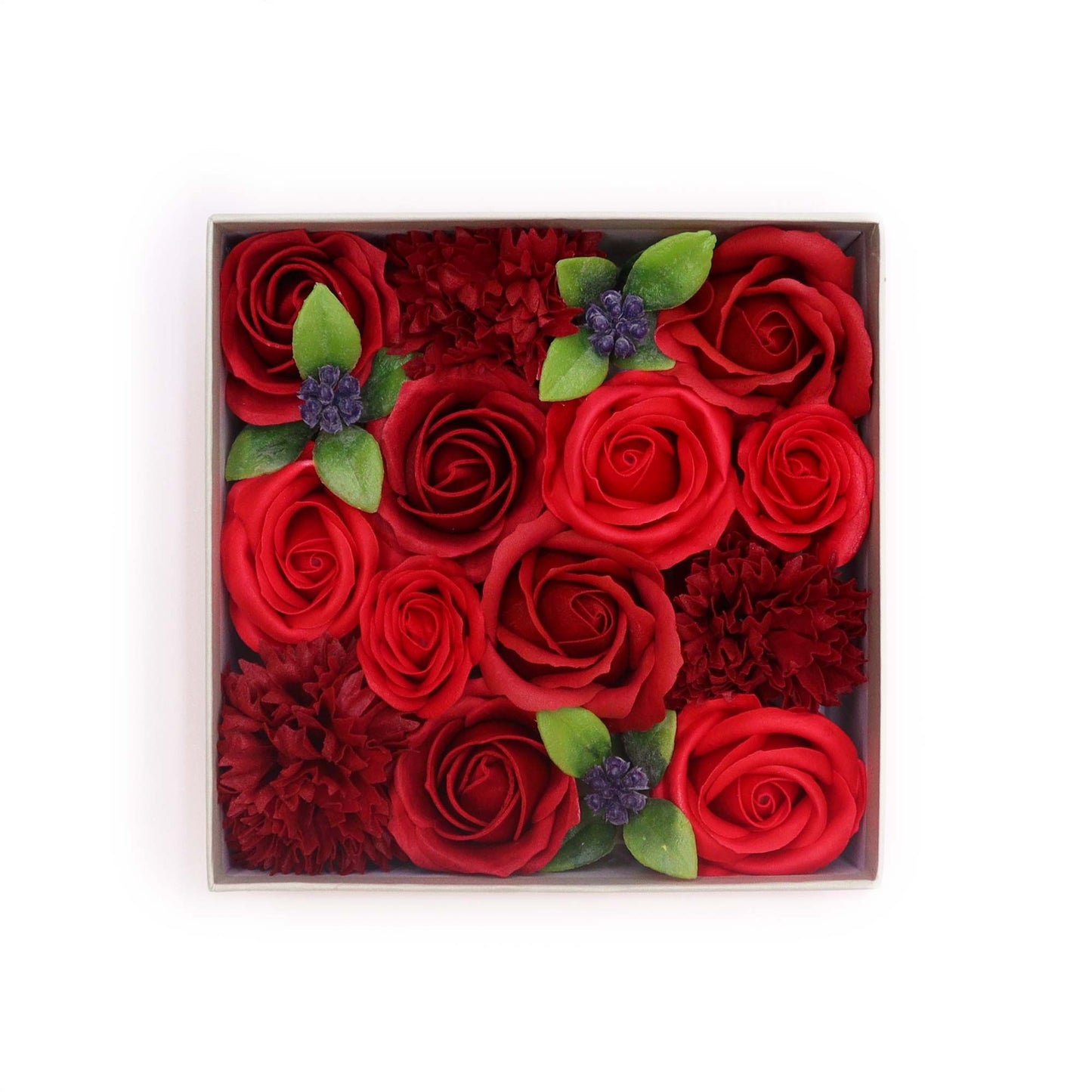 Seifenblumen-Geschenkbox – Classic Red Roses (Quadrat Box)