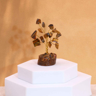 Mini-Edelsteinbäume auf Holzsockel – Tigerauge (15 Steine)