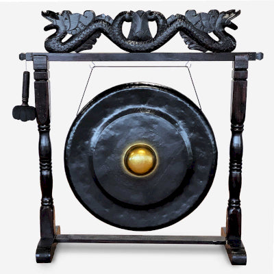 Großer Gong in braunem Antikständer – 80 cm – Schwarz